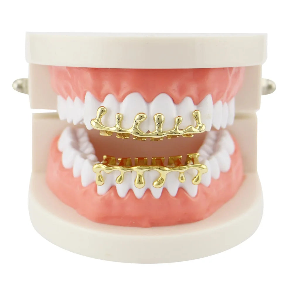 Wholesale Hip Hop Brass 18k Gold Plated Raindrops Teeth Grillz Copper Teeth for Men Rapper Jewelry