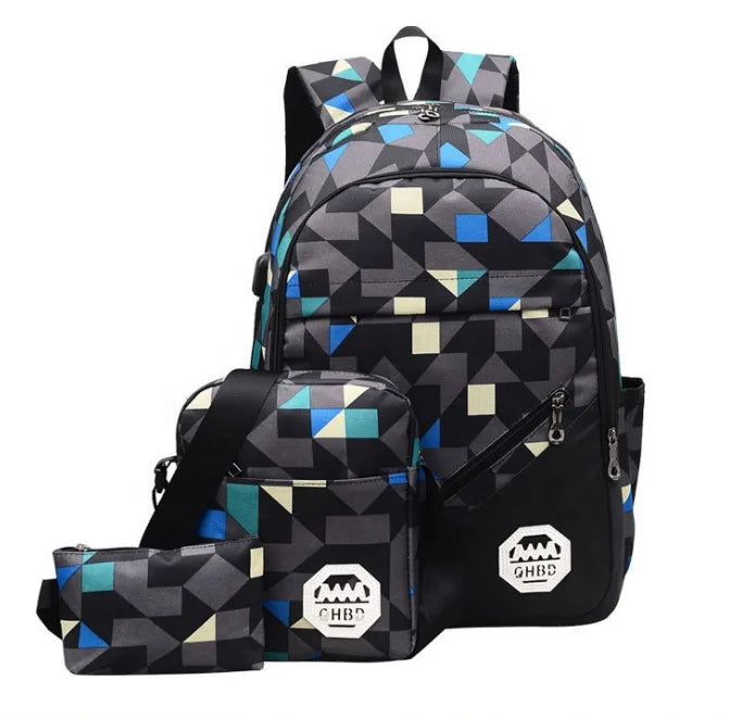 Wholesale Fashion Laptop Backpack with USB Charging Port College Student Backpack 3 Piece Set Printed School Shoulder Bag