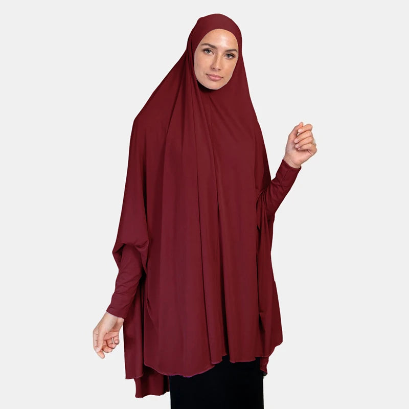 Wholesale Muslim Women Modest Khimar Hijab Highly Elastic Prayer Abaya Burqa Solid Color Long Jilbab Khimar With Sleeves