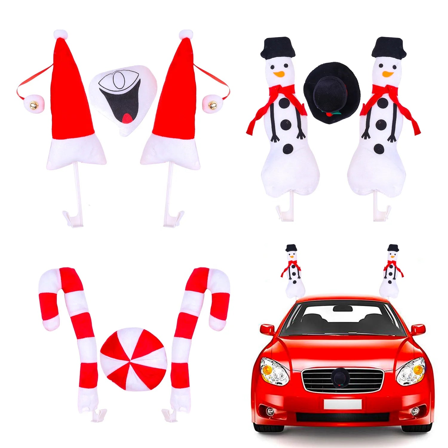 Christmas Car Decorations Candy Cane Antler Nose Auto Decor Xmas Vehicle Costume Window Antlers Santa Hat with Smiling Face