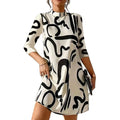 RNSHANGER New Arrival Women Dress Fashion Long Sleeve Round Neck Print Pullover Elegant Office Lady Knee Length Dress