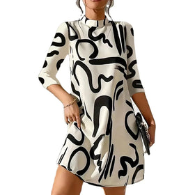 RNSHANGER New Arrival Women Dress Fashion Long Sleeve Round Neck Print Pullover Elegant Office Lady Knee Length Dress