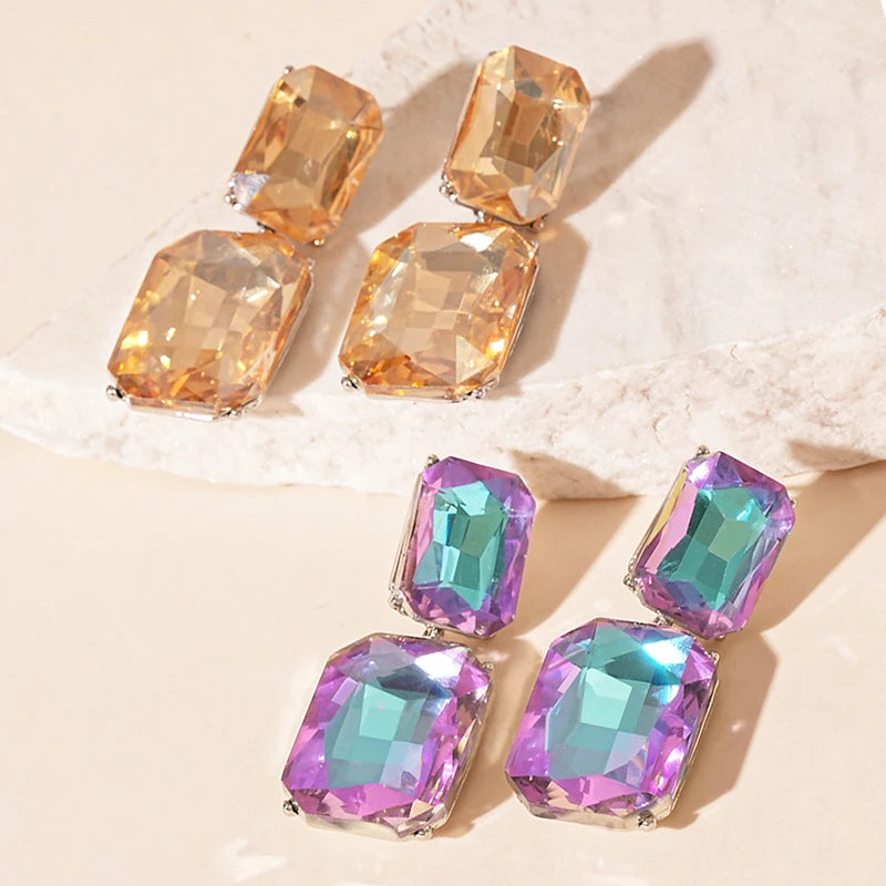 2025 New Arrival Fashion Jewelry Luxury Diamond studded Glass square Geometric Silver Earrings Gemstone Crystal Dangle Earrings
