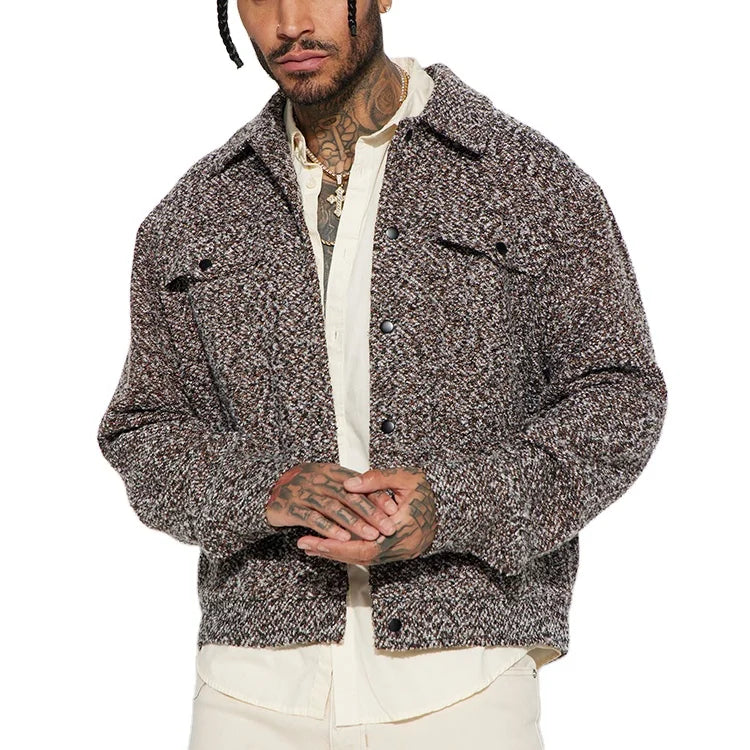 YUCHEN Chocolate Custom Men Boucle Plus Size Shacket Crop Wool Tweed Trucker Jacket Man