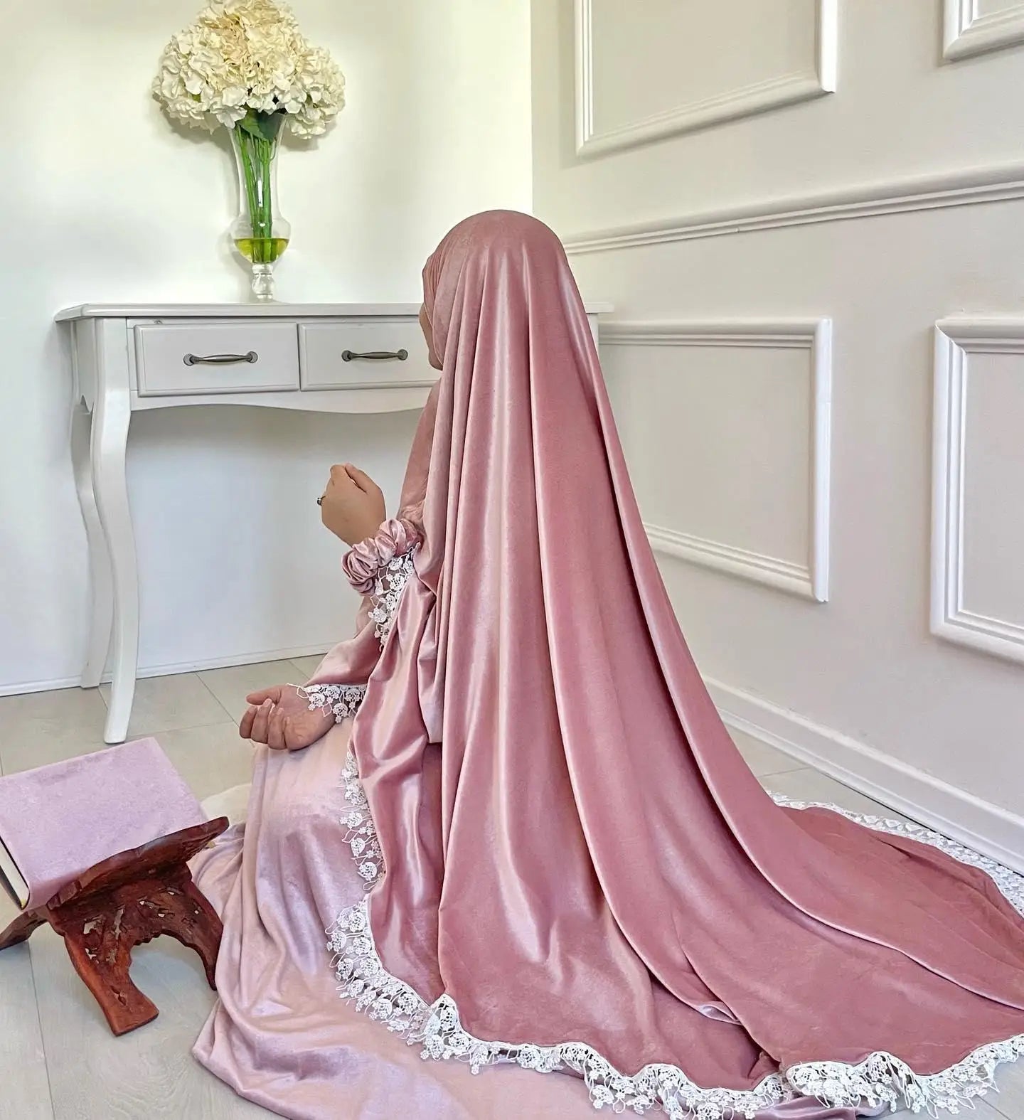 Premium Prayer Hijab Set Eid Ramadan Dress Velvet Abaya With Lace Edge Prayer Set Robe Muslim Telekung