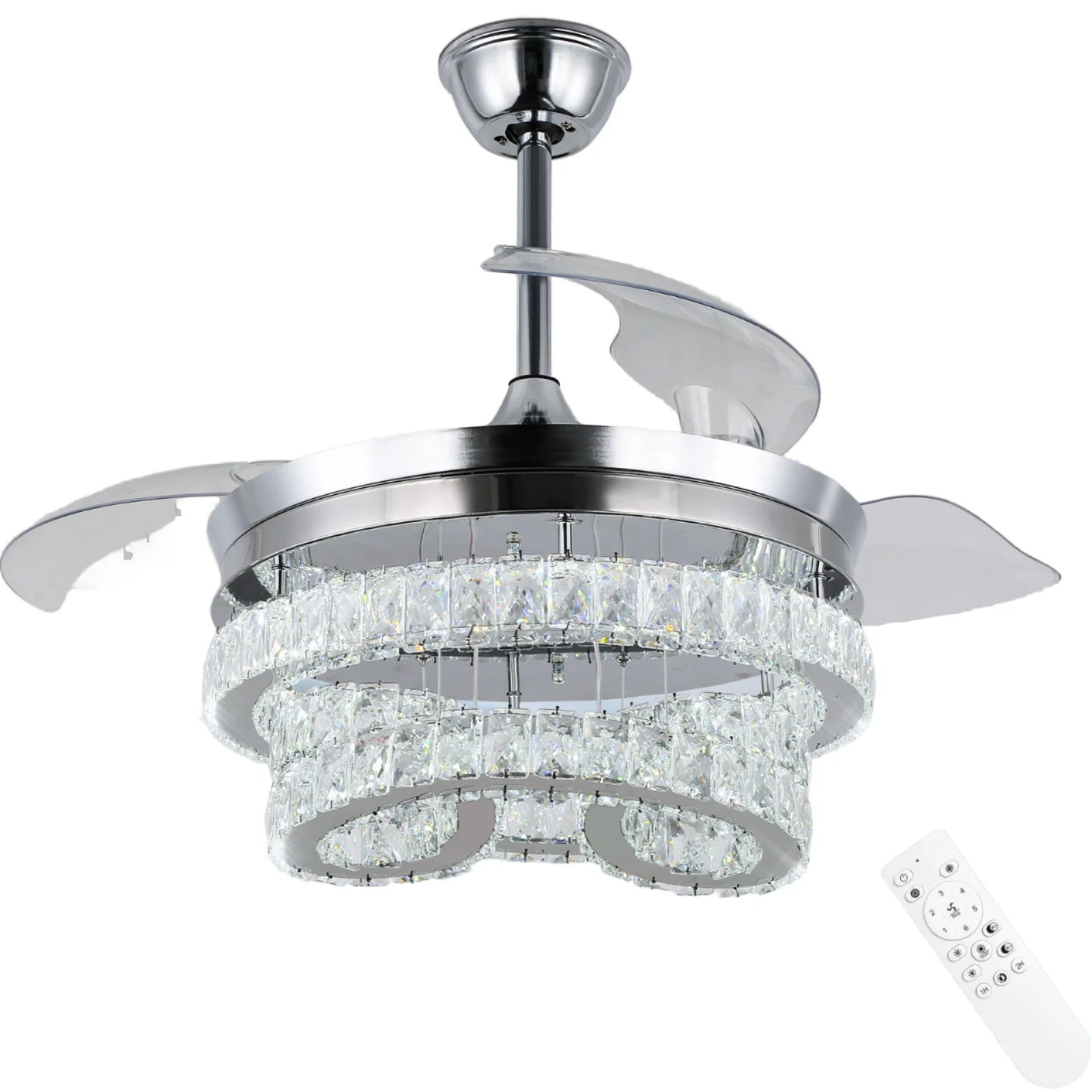 42'' Modern LED Crystal Ceiling Fan with Light Intelligent Dimmable Remote Control with Memory Function Home Use Ceiling Fans