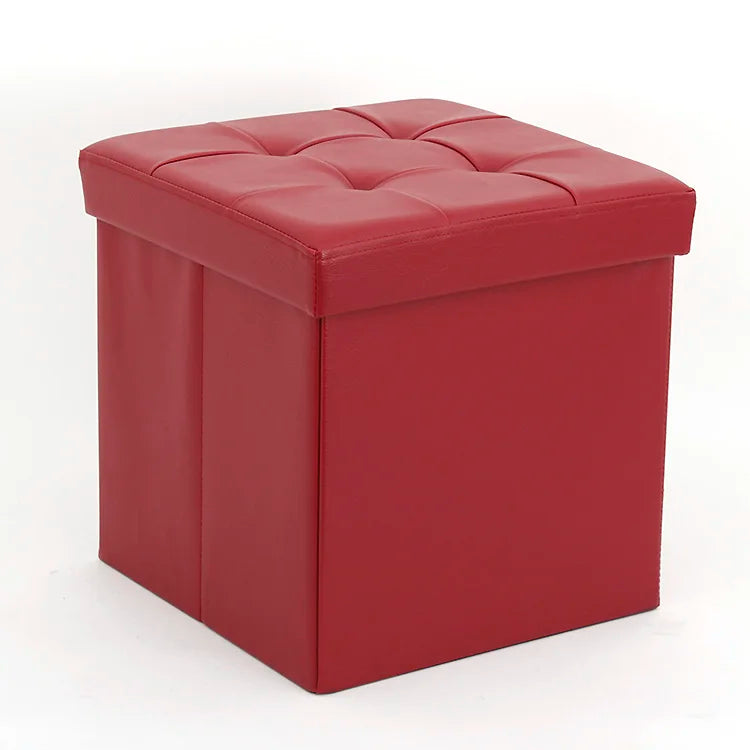 Seat Home Red Leather Shoe Changing Stool Foldable Ottomans Footrest with Storage