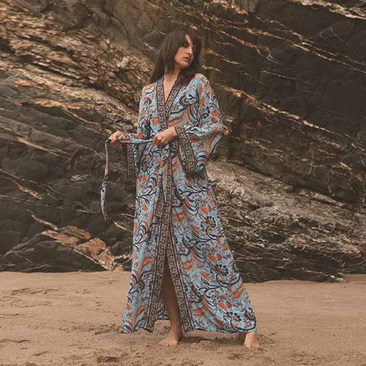 Printed Beach Cardigan Wholesale V Neck Tie Kimono Custom logo Bikini Cover up Factory Directly