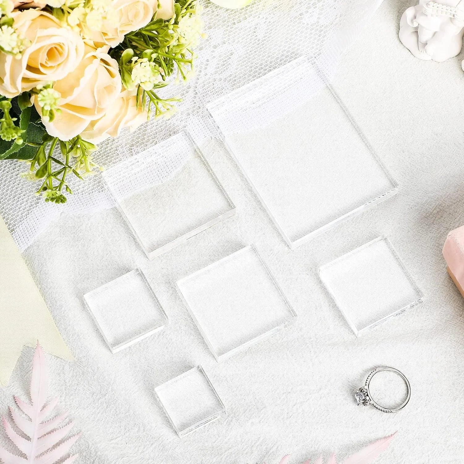 6 Pcs Clear Acrylic Block Set Wedding Flat Lay Props Styling Block Photography Stamp Display Rack Square Shape Scrapbooking