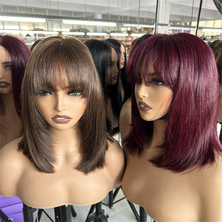 Easy to Wear Layer Cut Wig Burgundy Colored Straight 5x5 Lace Closure Layered Cut Wig With Bangs Glueless Bob Wigs Human Hair