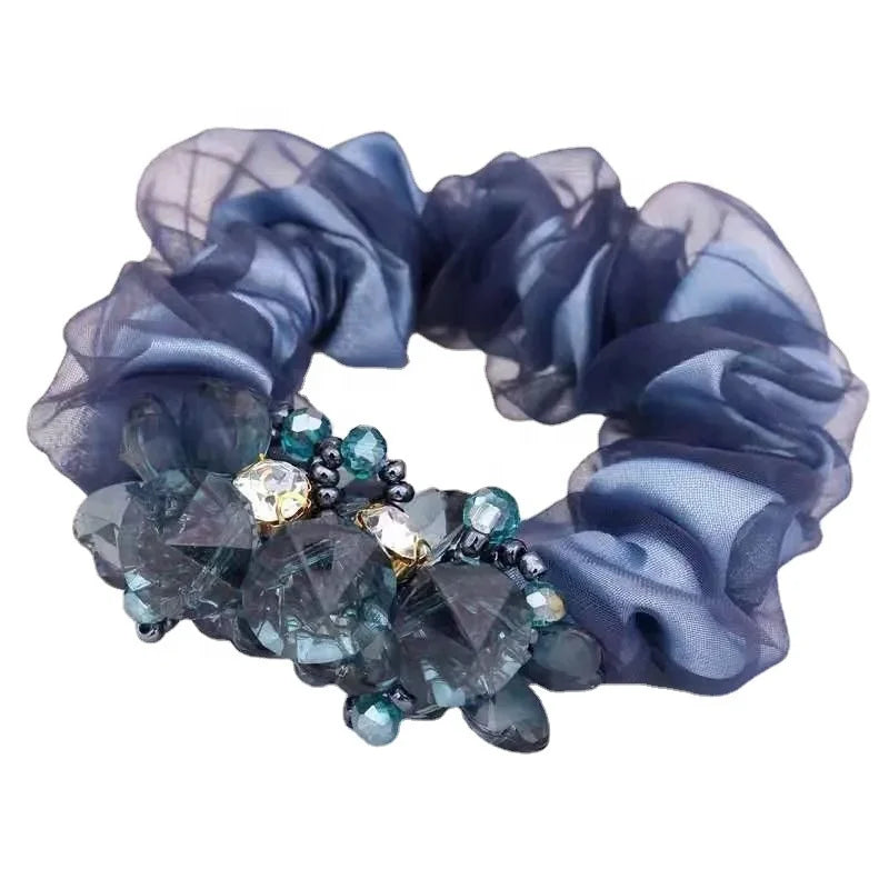 2025 Luxury High Elastic Hair Rubber Band Hair Ties Accessories Flower Organza Crystal Rhinestone Diamond Scrunchies