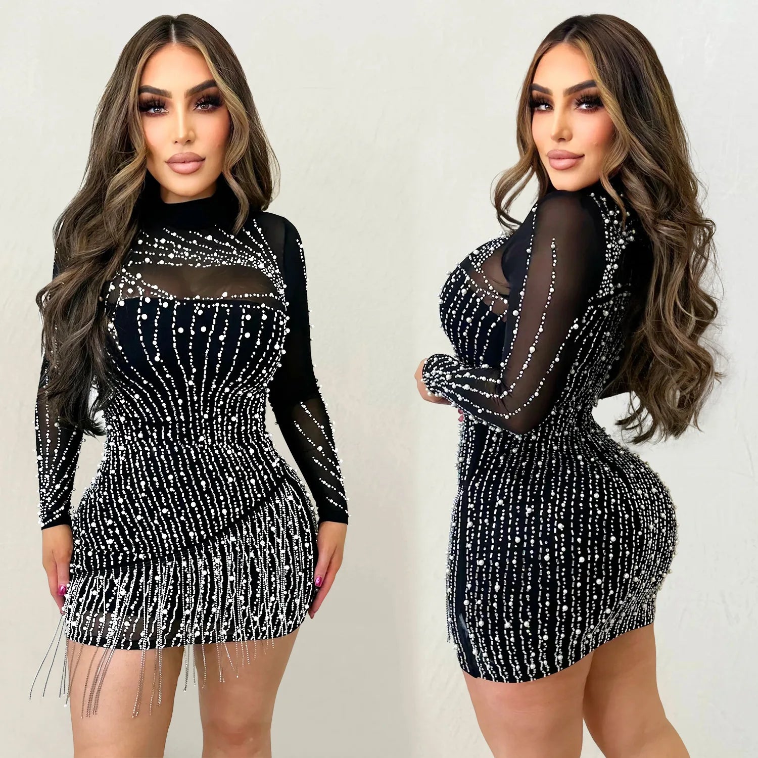LQ C6381 Plus Size Fashion Women's Wear Long Sleeve Mesh Hot Sequined Rhinestone Bubble Beads Skirt Dress for Club Party