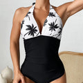 OEM/ODM Women's Triangle One-Piece Swimsuit Deep V Backless Halter Neck Sexy Plant Print Beach Swimwear