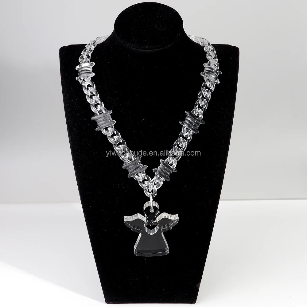 Unique Fashionable Transparent Acrylic Pendant Necklace Couple Jewelry Punk Link Chain Personalized Angel Heart Necklace 2025