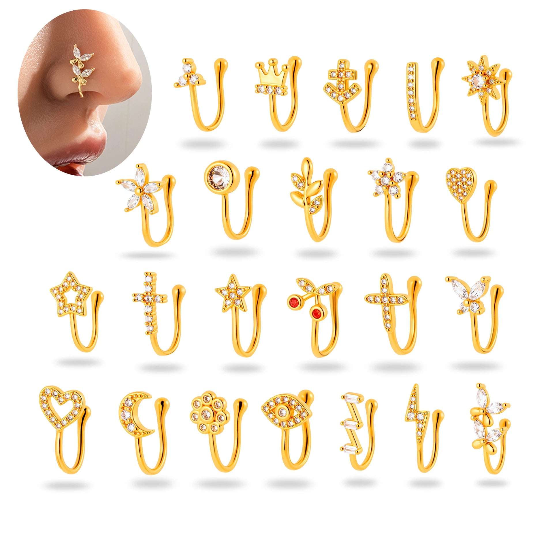 HENGSEN Fashionable Gold Plated for Non Pierced Nose Cuff Non-piercing CZ Septum Women Nose Piercing Copper Jewelry