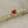 Huitan S925 Gold Color Noble Style Heart Shaped Red Crystal Zircon Thin Finger Rings for Bridal Wedding Sterling Silver CZ Rings