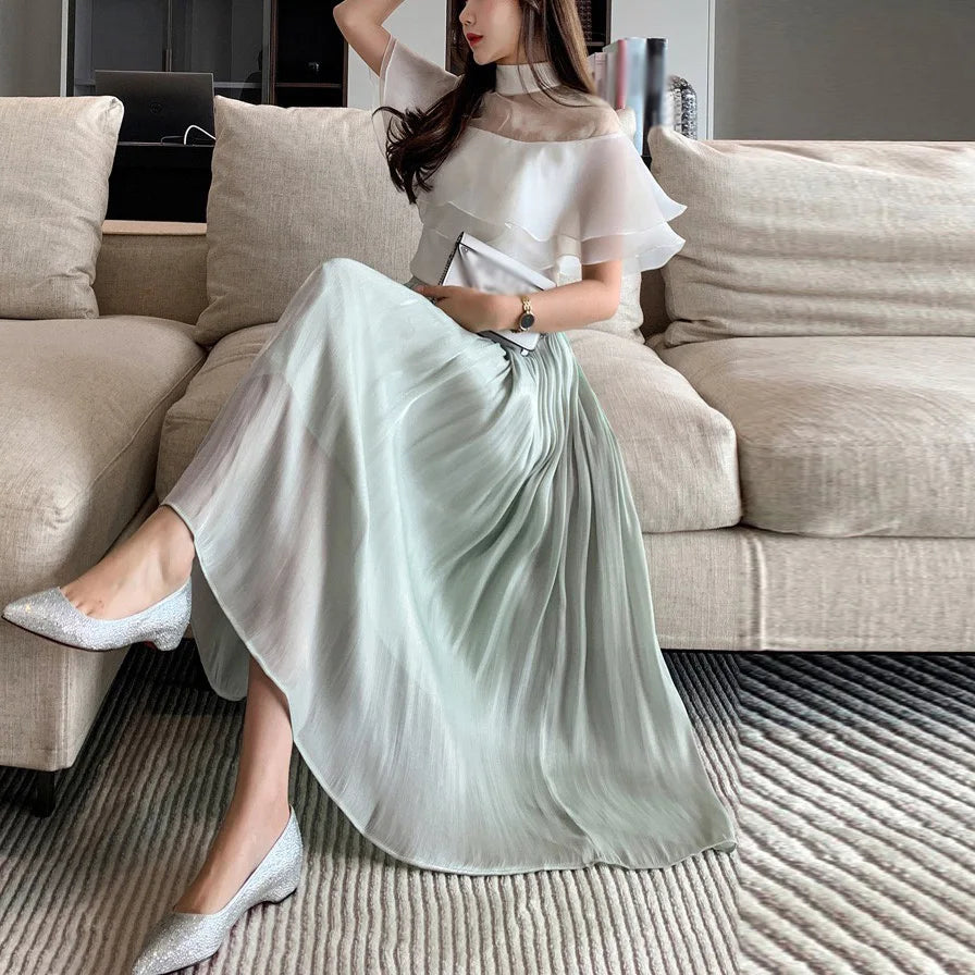 Ladies Long Skirts Ankle-Length Summer Solid Elegant Skirt Summer Casual Women High Waist A-Line Skirt