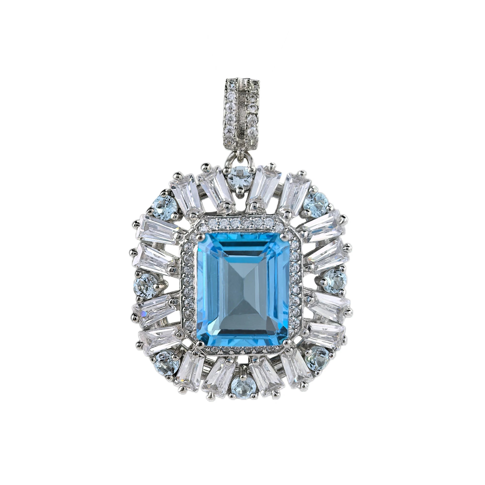 925 Sterling Silver Natural for Swiss Blue Topaz Pendant for Women Unique Rhodium Plated Emerald Cut Perfect Mother's Day Gift