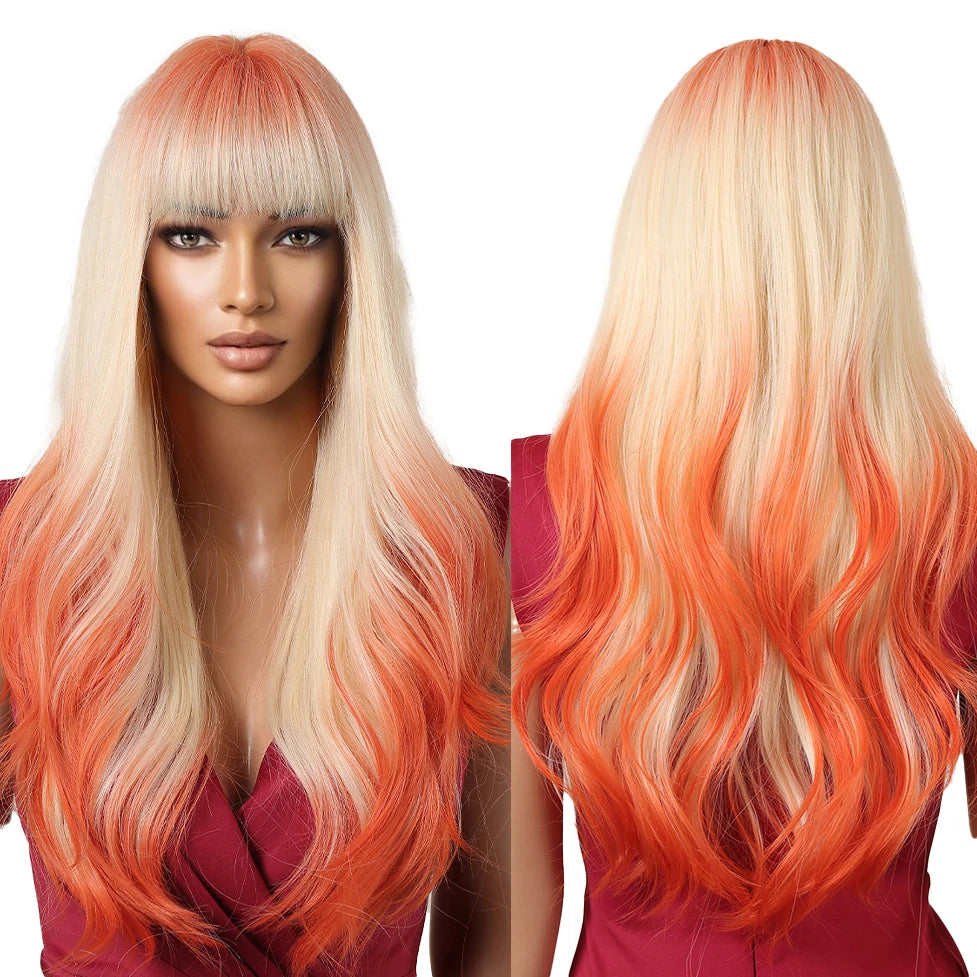 Factory Wholesale Price Ombre Synthetic Wig Blonde Orange Cosplay Hair Long Wave Natural Wig with Bangs for Women Wavy Wigs