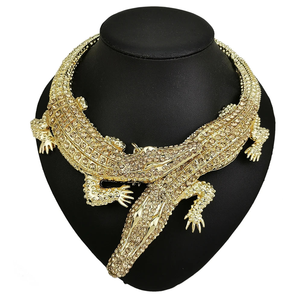 Exaggerated Latest Unique Animal Crocodile Shape Necklaces African Style Jewelry Fashion Rhinestone Beads Choker Torques