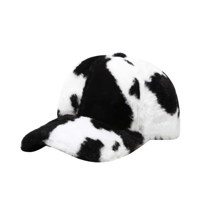 Autumn and Winter Korean Version Baseball Cap Versatile Cow Pattern Plush Cotton Hat with Warm Fur Fashionable Versatile Hat