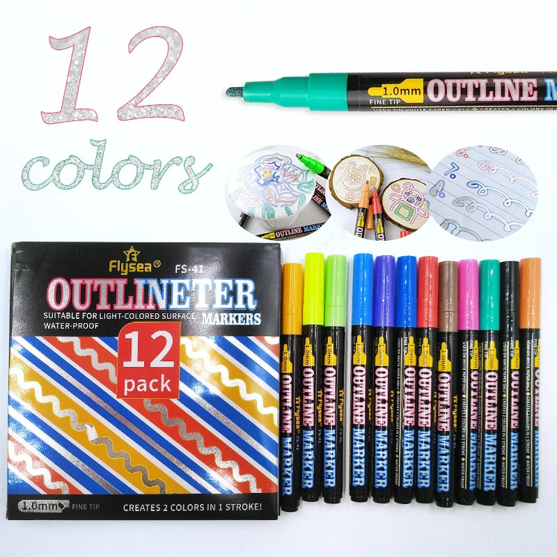 Flysea Permanent Metallic Outline Paint Markers Set 30 Colors 1mm Tip Water-Based for Easter Eggs and Card Making