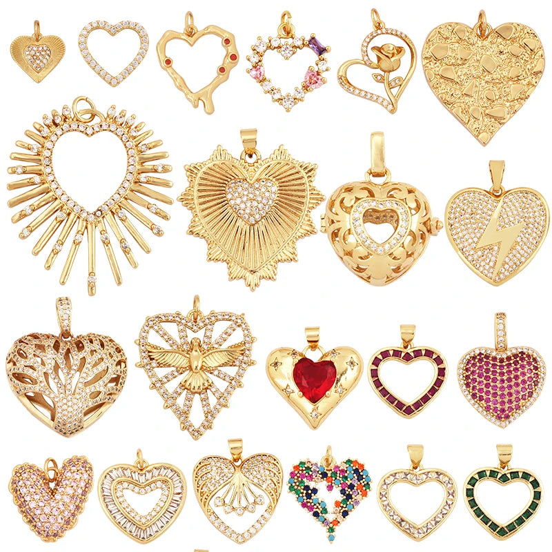 Classics Love Heart Cubic Zirconia Charm PendantFashion Heart Shape Hollow 18K Gold Plated Colourful Craft Jewelry Supply L38
