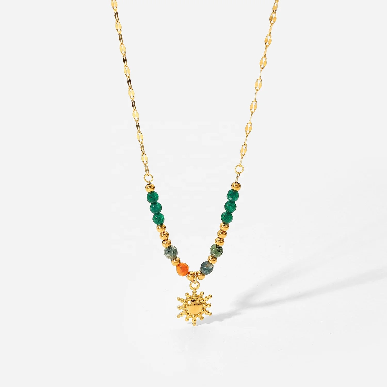 French Style Nature Stone Bead 18K Gold Plated Stainless Steel Sun Pendant Necklace for Women