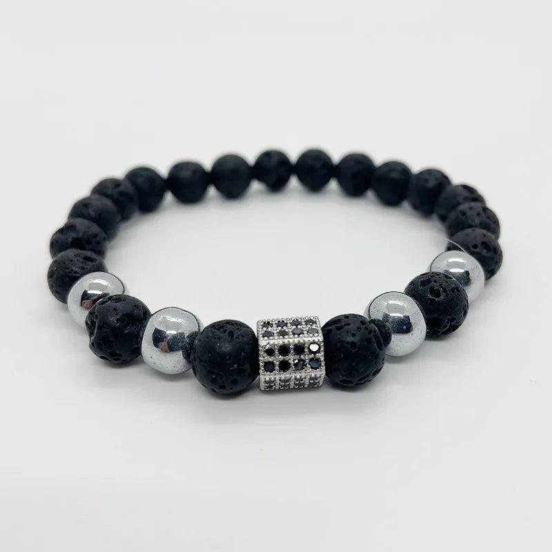 8mm Black Lava Rock Hematite Gemstone Beads Silver Charms Jewelry Personality Stretch Bracelet
