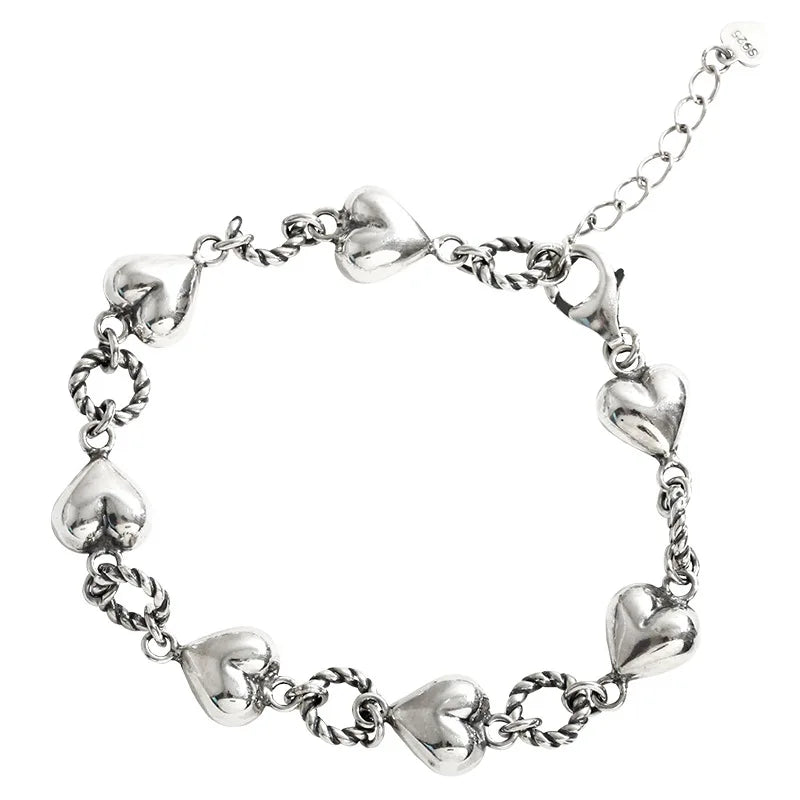 Vintage Stereoscopic Heart Braided Ladies Fashion Jewelry Adjustable Size Hip Hop Punk Style Women 925 Sterling Silver Bracelets