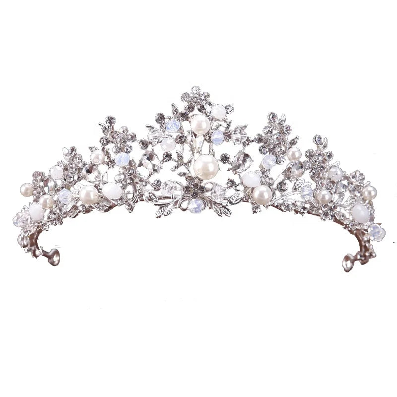 New Design Silver Handmade Bridal Rhinestone Pearl Crown Headband Hair Accessories Wholesale