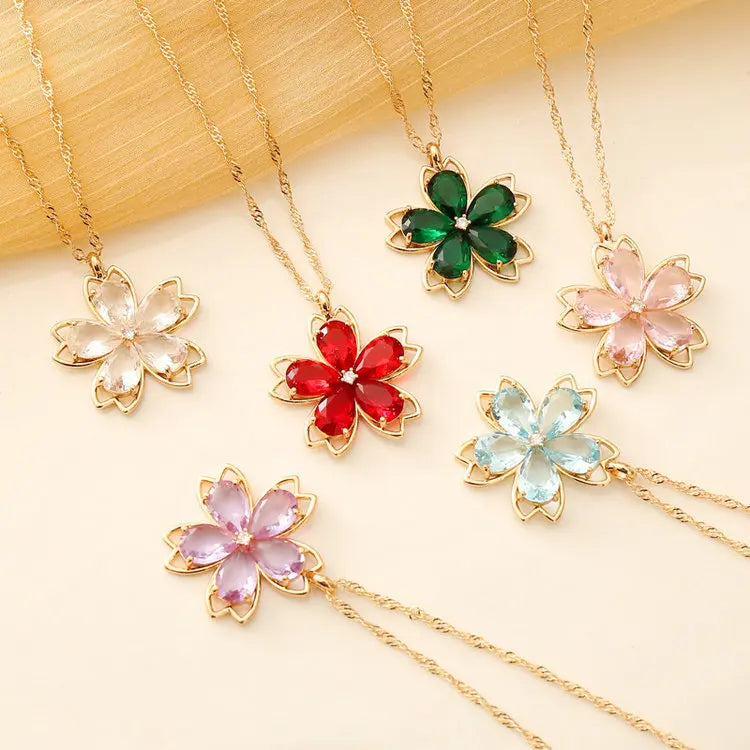New Arrival Women's 6 Colors Transparent Purple Crystal Pink Flower Pendant Necklace Zinc Alloy Gold Plated Party Trendy