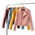 2021 New Spring Autumn Women Blue Faux Leather Jacket Ladies Solid With Belt Zipper Biker Coat Female Casual Outwear Veste