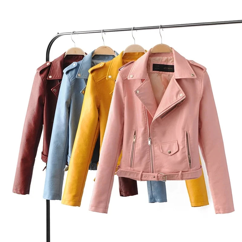 2021 New Spring Autumn Women Blue Faux Leather Jacket Ladies Solid With Belt Zipper Biker Coat Female Casual Outwear Veste