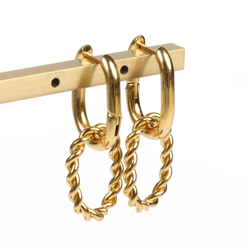18K Gold Plated Stainless Steel U Shape Hoop Earrings Double Twist Ring Hanging Simple Jewelry for Women for Wedding Party Gift