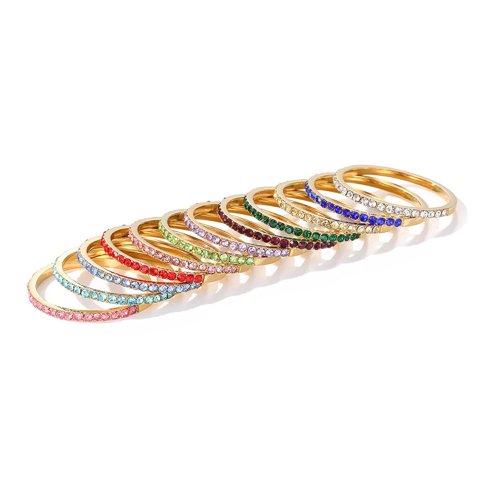 Simple Stainless Steel 14K Gold Plated High Polish Micro Inlaid 1.5MM Colorful Zircon Birthstone Circle Finger Ring Band Rings