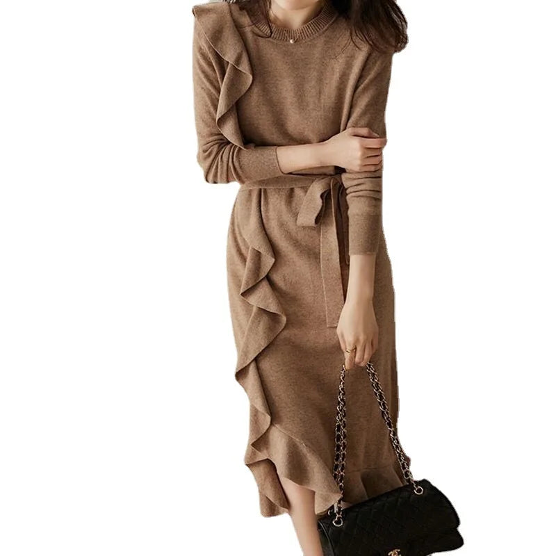 Ins 2022 Women's Casual Style New Coat Long Skirt Sweater Ruffled Knitted Dress for Autumn and Winter