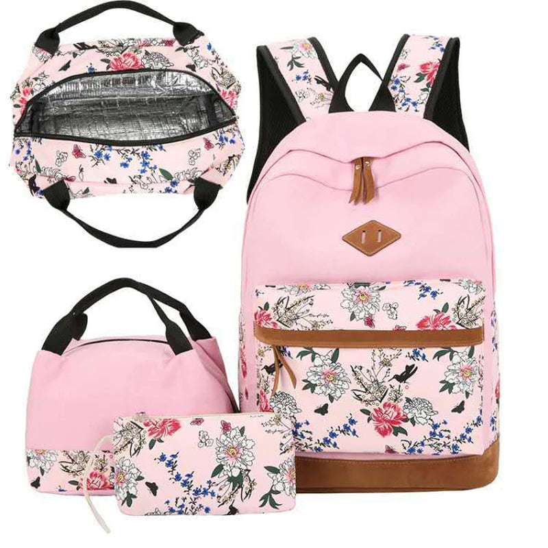 Girl Flower Printed Primary Junior High University Bookbag Lunch Bag Pencil Case 3pcs Backpack Sets Youth School Backpacks