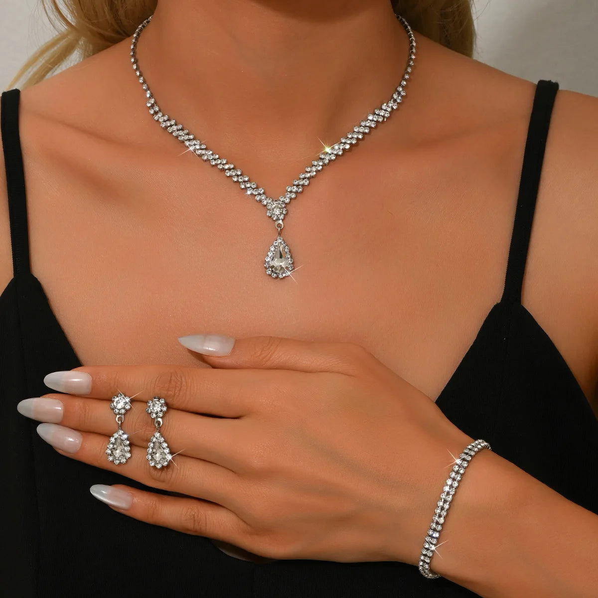 European American Cross-border Gold Plated Rhinestone Necklace and Earrings Set for Parties Banquets Weddings Bride Jewelry