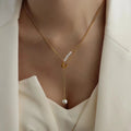 K025 Stainless Steel Jewelry Safety Pin Necklace Dainty Pearl Delicate Curb Chain Lariat Adjustable Pearl Necklace