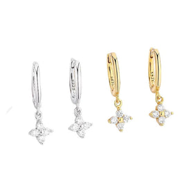 Luxury 925 Sterling Silver Diamond Zircon Flower Hoop Earrings 18K Gold Plated Four Leaf Clover Earrings Jewelry
