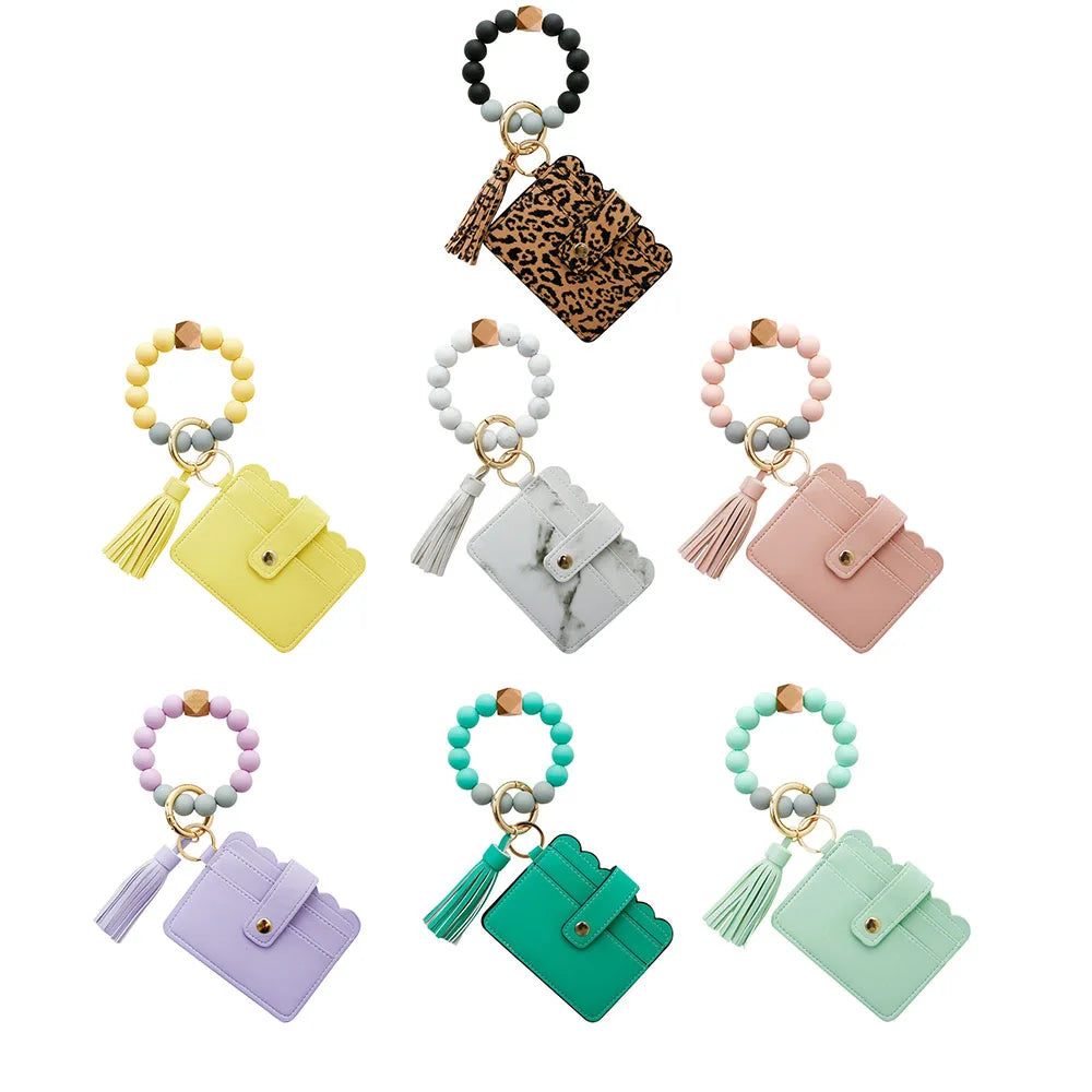 New Arrival Silicone Bead Bracelet Keychain Wallet Silicone Beaded Keychain Women Tassel Beaded Silicone Leather Key Chain