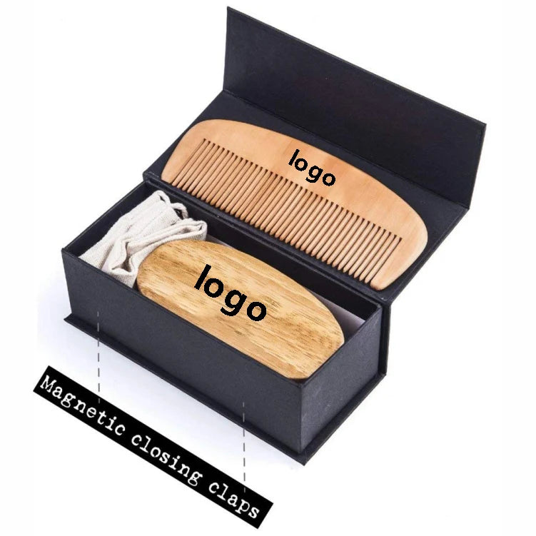MOQ 100 Private Label Wooden Comb Wood Bristle Brush  Men Beard Grooming Kit Gift Set