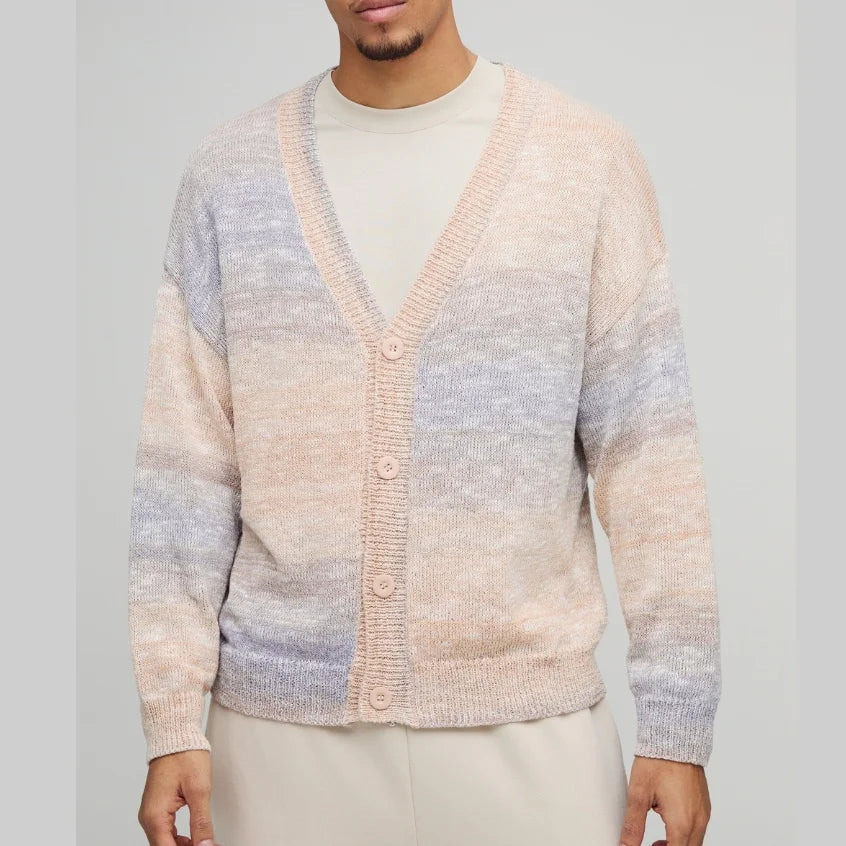 Custom Winter V-Neck Drop Shoulder Cardigan Oversized Boxy Gradient Stripe Knitwear with Front Logo Ombre Sweater