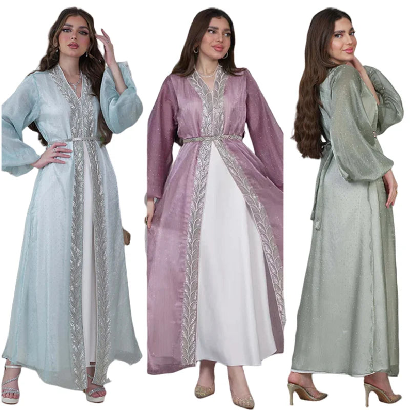 AB453 Traditional Muslim Clothing Dubai Robe Cardigan Puff Sleeve Rhinestone Kaftan Dresses Abaya Women Muslim Dress for Women