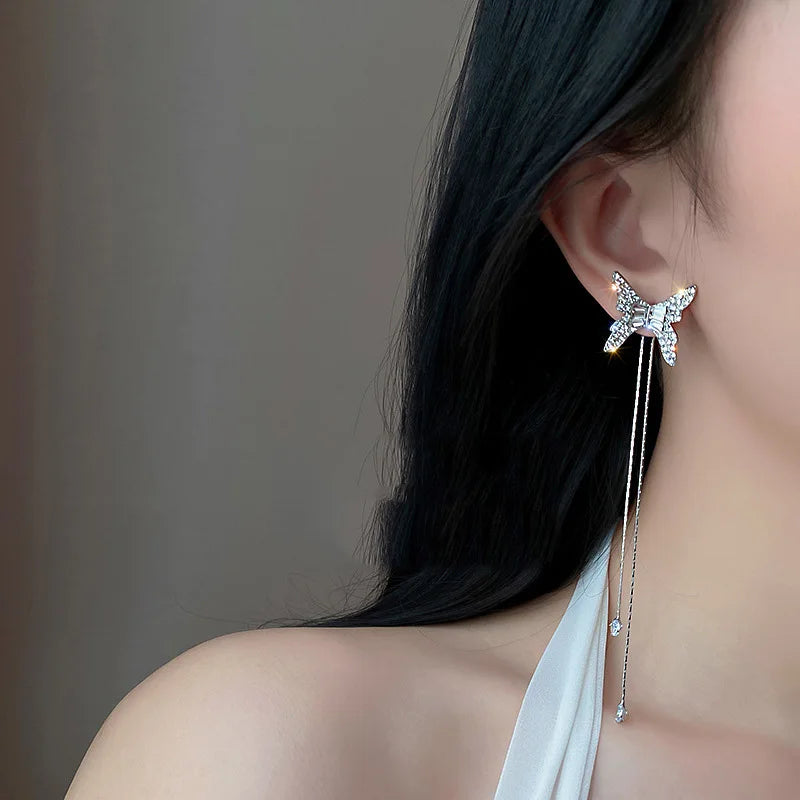 JC Crystal Dangle Crystal Rhinestone butterfly Shape  Fringe Earrings Bright Diamond Earring