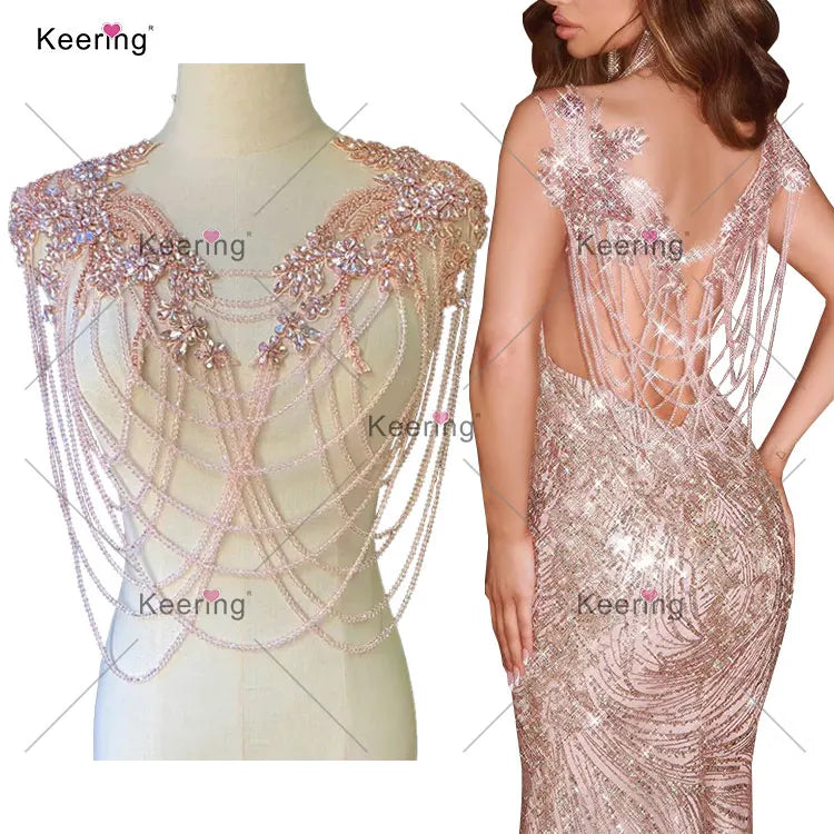 WDP-297 Fashion Crystal Tassels Wedding Collar With Fringe Colors Rhinestone Bodice Applique in Stock