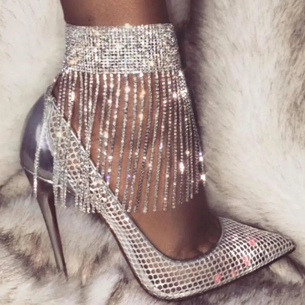 New Hot Sale Sparkling Crystal Tennis Chain Anklet Fashion Shiny Rhinestone Crystal Tassel Anklet for Wedding Party