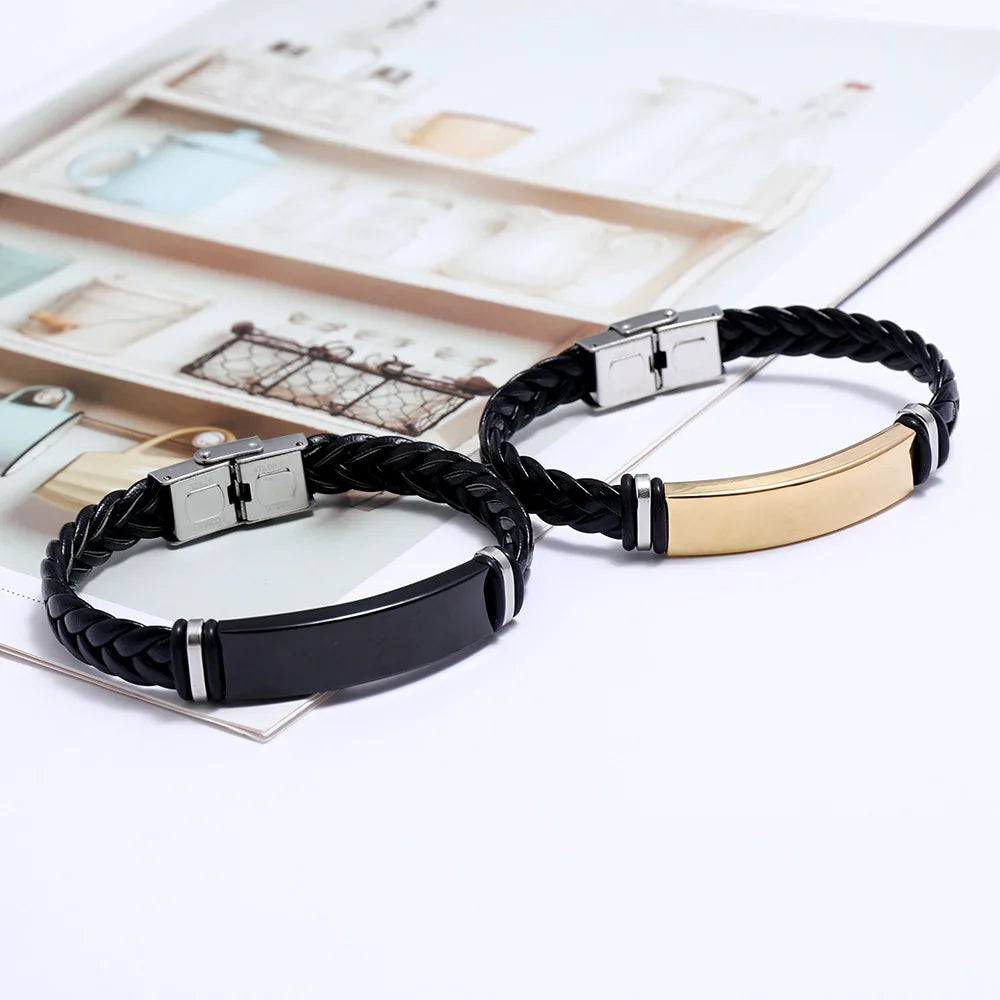 Wholesale Gold Unisex Men'S Bracelets Stainless Steel and Black Leather Rope Wrap Slide Wristlet Bangle Bracelets Punk in Bulk