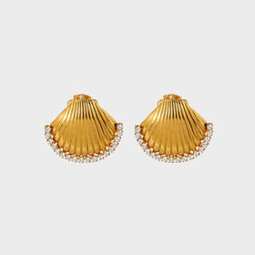 18K Gold Plated Waterproof Stainless Steel Scallop Earrings Shiny Cubic Zirconia Shell Stud for Women Geometric Parties Weddings